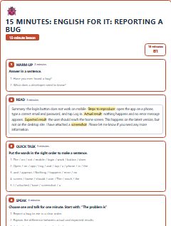 First page of 15 Minutes: English for IT: reporting a bug, B1 lesson plan