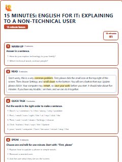 First page of 15 Minutes: English for IT: explaining to a non-technical user, B1 lesson plan