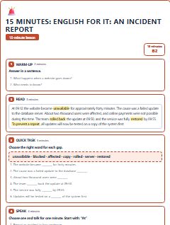First page of 15 Minutes: English for IT: an incident report, B2 lesson plan