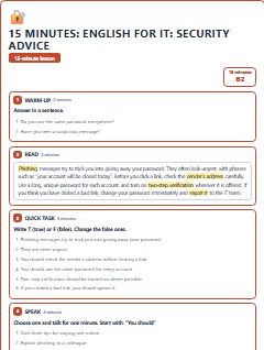 First page of 15 Minutes: English for IT: security advice, B2 lesson plan