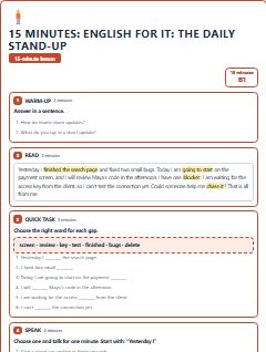 First page of 15 Minutes: English for IT: the daily stand-up, B1 lesson plan