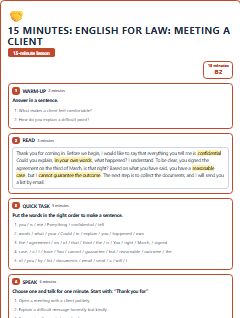 First page of 15 Minutes: English for Law: meeting a client, B2 lesson plan