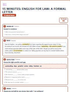 First page of 15 Minutes: English for Law: a formal letter, B2 lesson plan