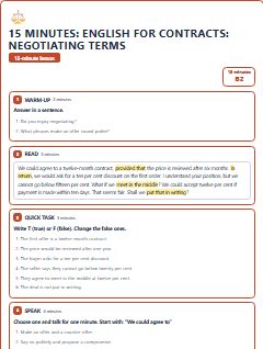 First page of 15 Minutes: English for Contracts: negotiating terms, B2 lesson plan