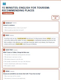 First page of 15 Minutes: English for Tourism: recommending places, B1 lesson plan