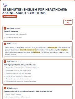 First page of 15 Minutes: English for Healthcare: asking about symptoms, B1 lesson plan