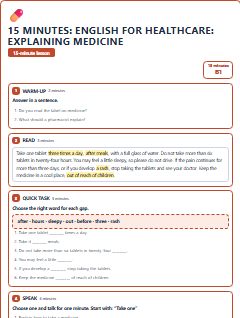 First page of 15 Minutes: English for Healthcare: explaining medicine, B1 lesson plan