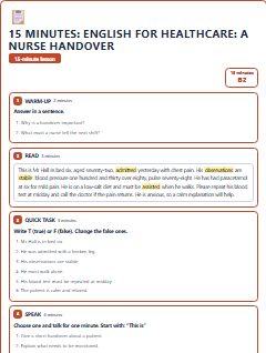 First page of 15 Minutes: English for Healthcare: a nurse handover, B2 lesson plan