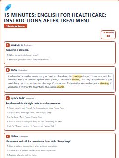 First page of 15 Minutes: English for Healthcare: instructions after treatment, B1 lesson plan