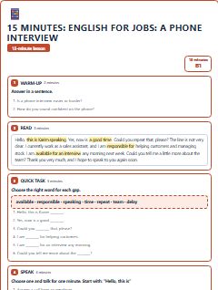 First page of 15 Minutes: English for Jobs: a phone interview, B1 lesson plan