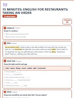 First page of 15 Minutes: English for Restaurants: taking an order, B1 lesson plan