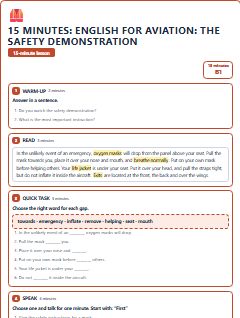 First page of 15 Minutes: English for Aviation: the safety demonstration, B1 lesson plan