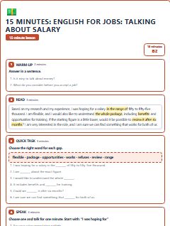 First page of 15 Minutes: English for Jobs: talking about salary, B2 lesson plan