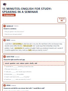 First page of 15 Minutes: English for Study: speaking in a seminar, B2 lesson plan