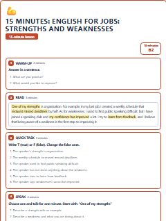 First page of 15 Minutes: English for Jobs: strengths and weaknesses, B2 lesson plan