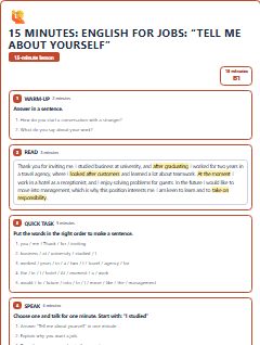 First page of 15 Minutes: English for Jobs: “Tell me about yourself”, B1 lesson plan