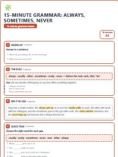First page of 15-Minute Grammar: always, sometimes, never, A2 lesson plan