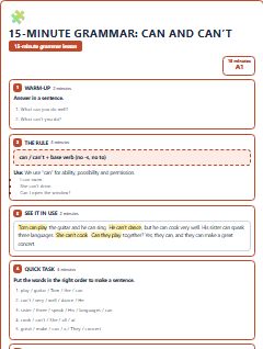 First page of 15-Minute Grammar: can and can’t, A1 lesson plan