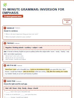 First page of 15-Minute Grammar: inversion for emphasis, C1 lesson plan