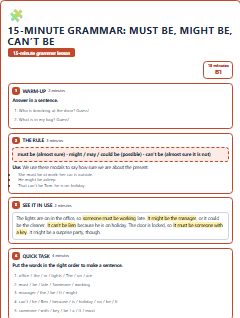 First page of 15-Minute Grammar: must be, might be, can’t be, B1 lesson plan