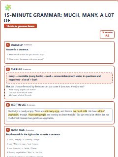 First page of 15-Minute Grammar: much, many, a lot of, A2 lesson plan