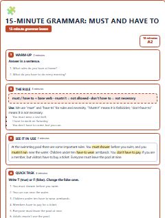 First page of 15-Minute Grammar: must and have to, A2 lesson plan