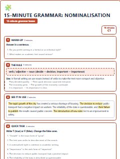 First page of 15-Minute Grammar: nominalisation, C1 lesson plan