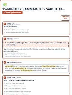 First page of 15-Minute Grammar: it is said that…, B2 lesson plan