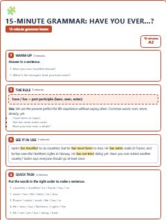 First page of 15-Minute Grammar: have you ever…?, A2 lesson plan