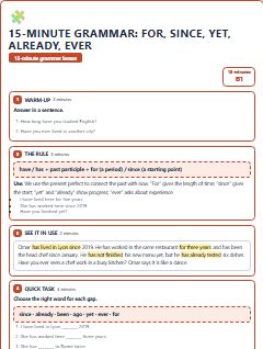 First page of 15-Minute Grammar: for, since, yet, already, ever, B1 lesson plan