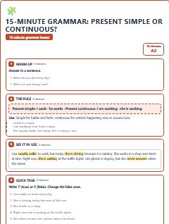 First page of 15-Minute Grammar: present simple or continuous?, A2 lesson plan