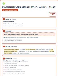 First page of 15-Minute Grammar: who, which, that, B1 lesson plan