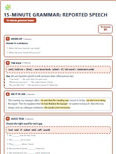 First page of 15-Minute Grammar: reported speech, B1 lesson plan