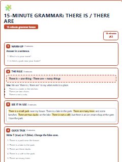 First page of 15-Minute Grammar: there is / there are, A1 lesson plan