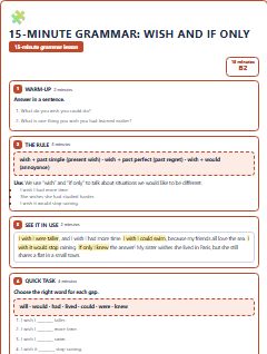 First page of 15-Minute Grammar: wish and if only, B2 lesson plan