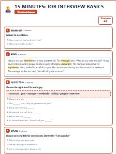 First page of 15 Minutes: Job Interview Basics, A2 lesson plan