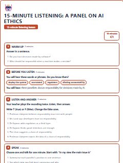First page of 15-Minute Listening: a panel on AI ethics, C1 lesson plan