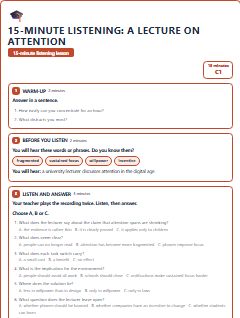 First page of 15-Minute Listening: a lecture on attention, C1 lesson plan