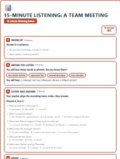 First page of 15-Minute Listening: a team meeting, B2 lesson plan