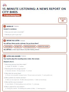First page of 15-Minute Listening: a news report on city bikes, B2 lesson plan