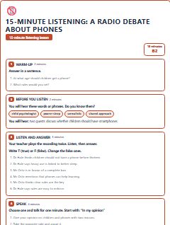First page of 15-Minute Listening: a radio debate about phones, B2 lesson plan