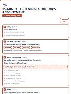 First page of 15-Minute Listening: a doctor’s appointment, A2 lesson plan