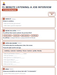 First page of 15-Minute Listening: a job interview, B1 lesson plan