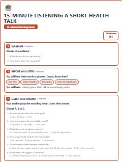 First page of 15-Minute Listening: a short health talk, B1 lesson plan