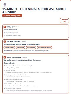 First page of 15-Minute Listening: a podcast about a hobby, B1 lesson plan