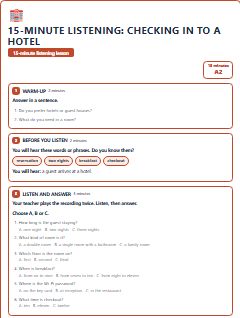 First page of 15-Minute Listening: checking in to a hotel, A2 lesson plan