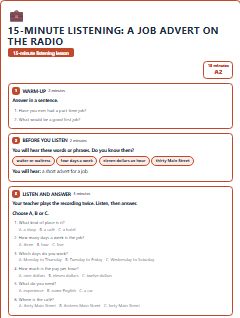 First page of 15-Minute Listening: a job advert on the radio, A2 lesson plan