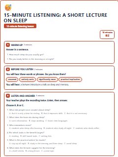 First page of 15-Minute Listening: a short lecture on sleep, B2 lesson plan