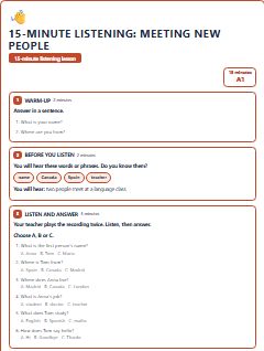 First page of 15-Minute Listening: meeting new people, A1 lesson plan