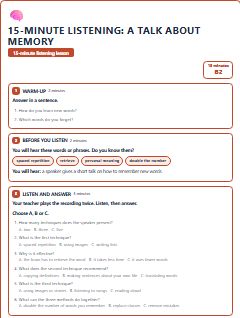 First page of 15-Minute Listening: a talk about memory, B2 lesson plan